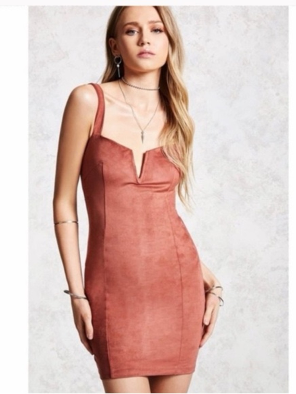 Forever 21 Rust Suede-Look Western Boho Festival V-Notch Bodycon Mini Dress - Picture 11 of 11